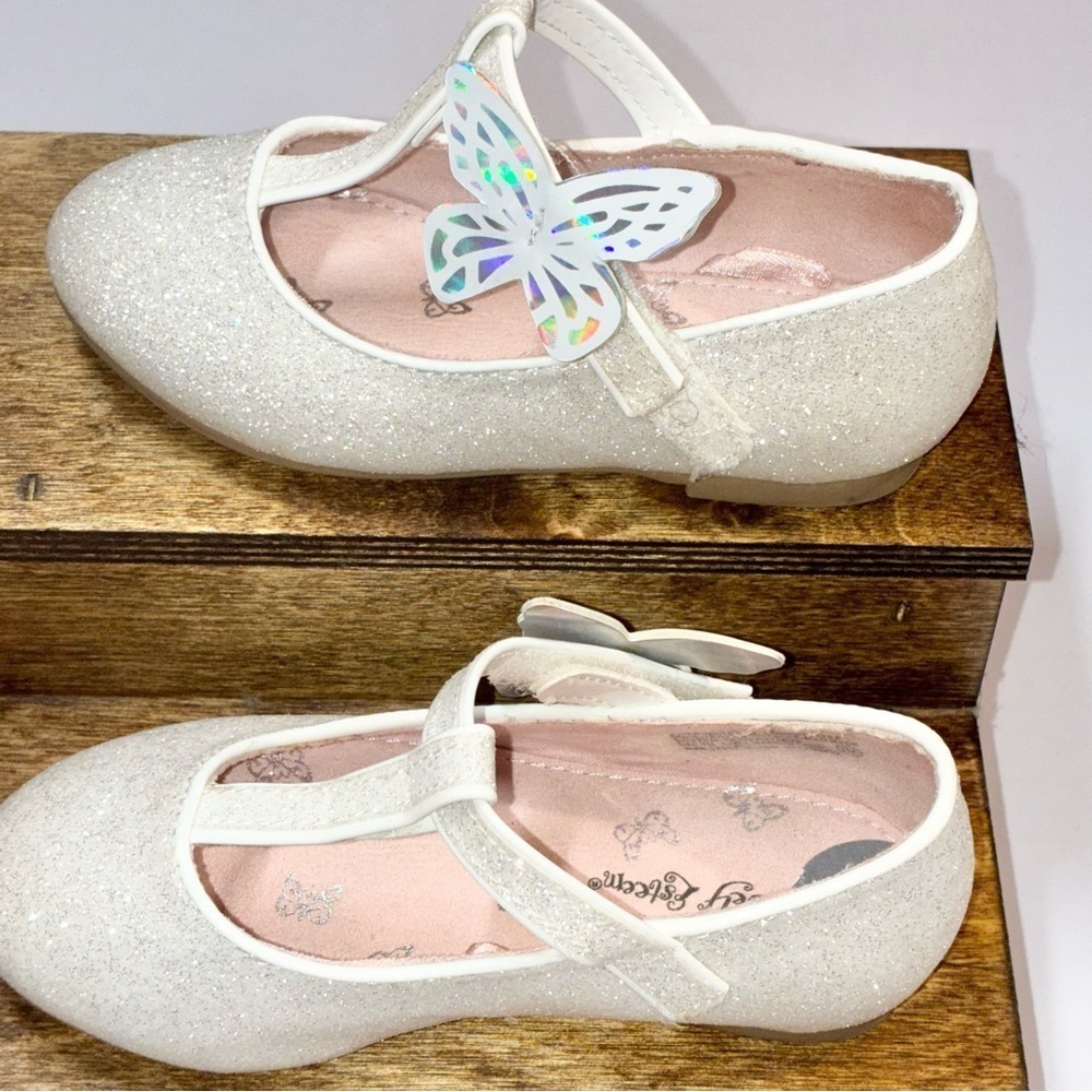 Toddler White Glitter Mary Jane Size 7 shoes sparkles Butterfly - Picture 3 of 7